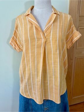 CORE LIFE Orange White Stripes Short-Sleeve Slip-On V Neck Blouse, Size M
